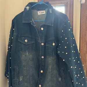 Dark Blue Pearl-Studded Denim Jacket